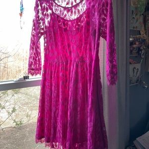 Free People | Floral Mesh Lace Dress Fuchsia - rare color! 💕